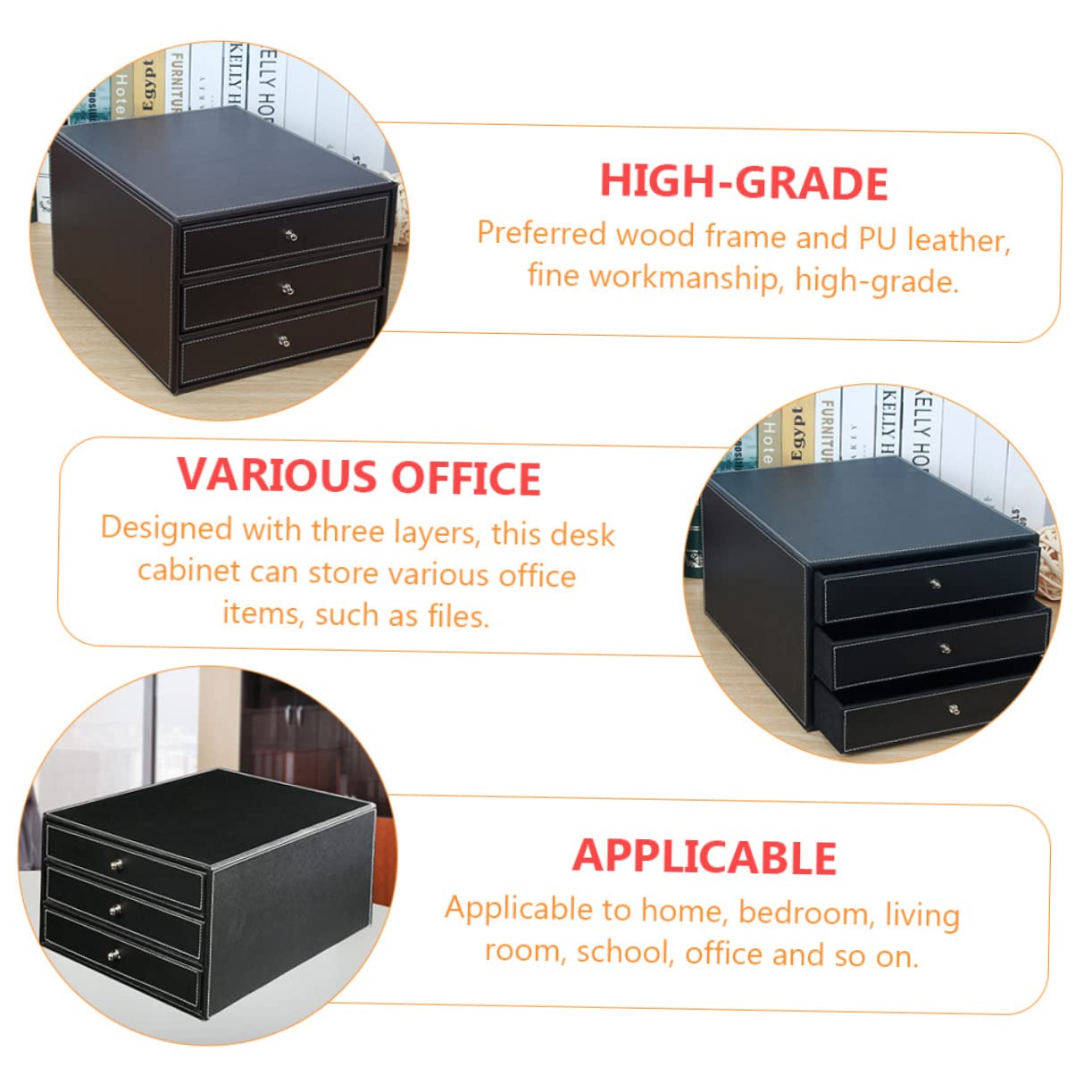 NUOBESTY Caja de Archivos de Escritorio A4 de Cuero Tres Cajones | Negro, Madera y Pu, 1 Pieza, Uso en Oficina y Dormitorio, Extracción Suave y Acceso Fácil