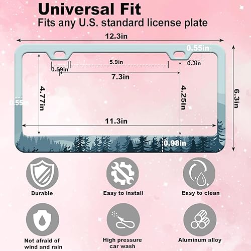 Miniatura 3 de 2 piezas Marco de matrícula azul con diseño de bosque montañoso para mujeres, marcos de etiqueta decorativa de coche azul montañoso para chicas,