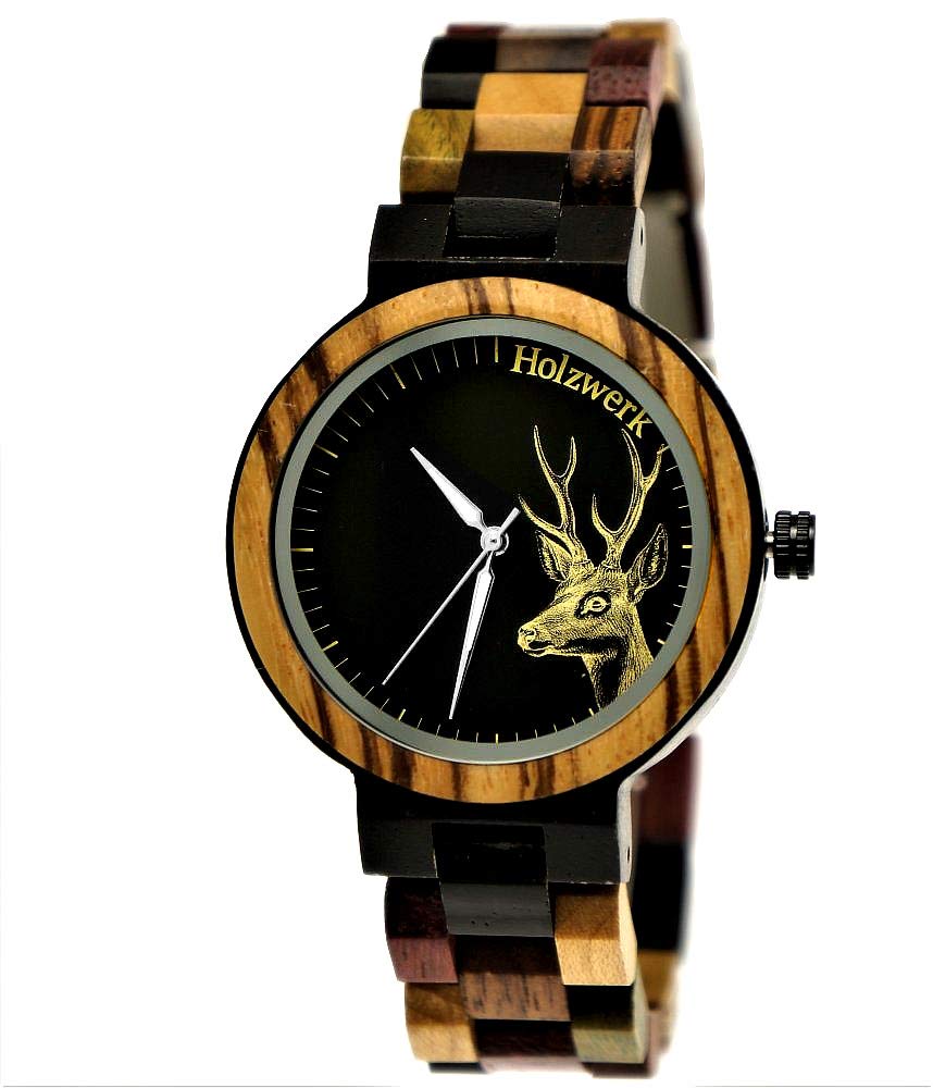 Holzwerk Germany Handgefertigte Damen-Uhr Öko Natur Holz-Uhr Holz Armband-Uhr Braun Schwarz Zebra Muster Analog Quarz-Uhr mit Hirsch Motiv (Bunt..)
