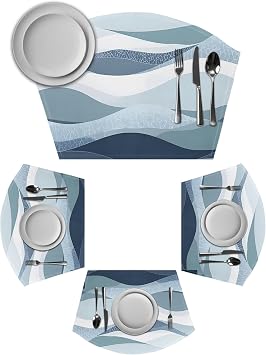 Blue Aqua Ombre Stripe Round Table Placemats Set of 6 Wedge Placemats, Modern Art Abstract Moire Wave Place Mats for Dining Table Set Washable Mats Kitchen Decor for Indoor Outdoor Wipe Clean