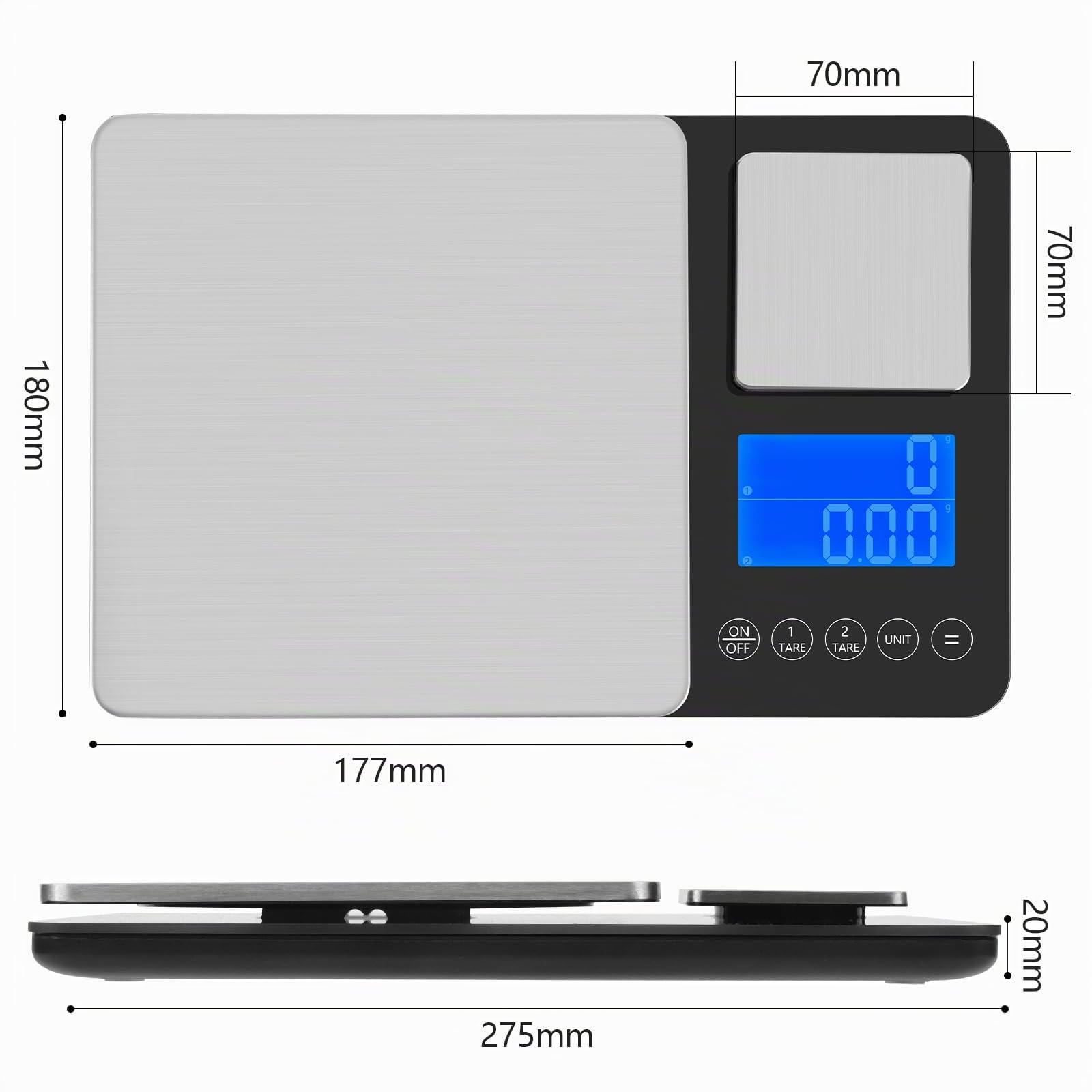 Küchenwaage mit Dualer Plattform, 15kg/1g & 500g/0.01g, Küchenwage mit 7 Einheiten, Summierungsfunktion und Tara Funktion, Kitchen Scale, Waage Küche zum Backen und Kochen