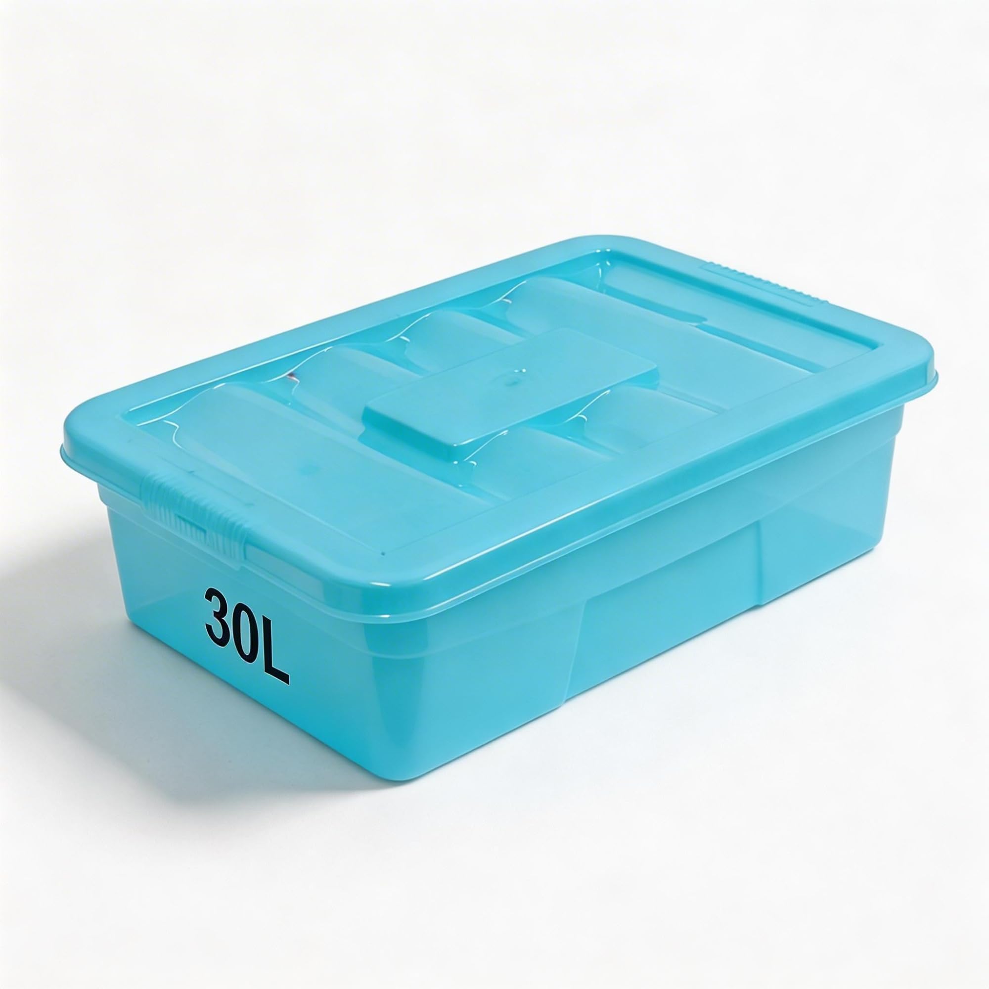 ALEEZ 30L Underbed Storage Box With Lid - Stackable Nestable Plastic Storage Boxes, Space-saving Multipurpose Tinted Box Organizer for Clothes, Toys & Duvets (Blue, 1x 30 Liter)