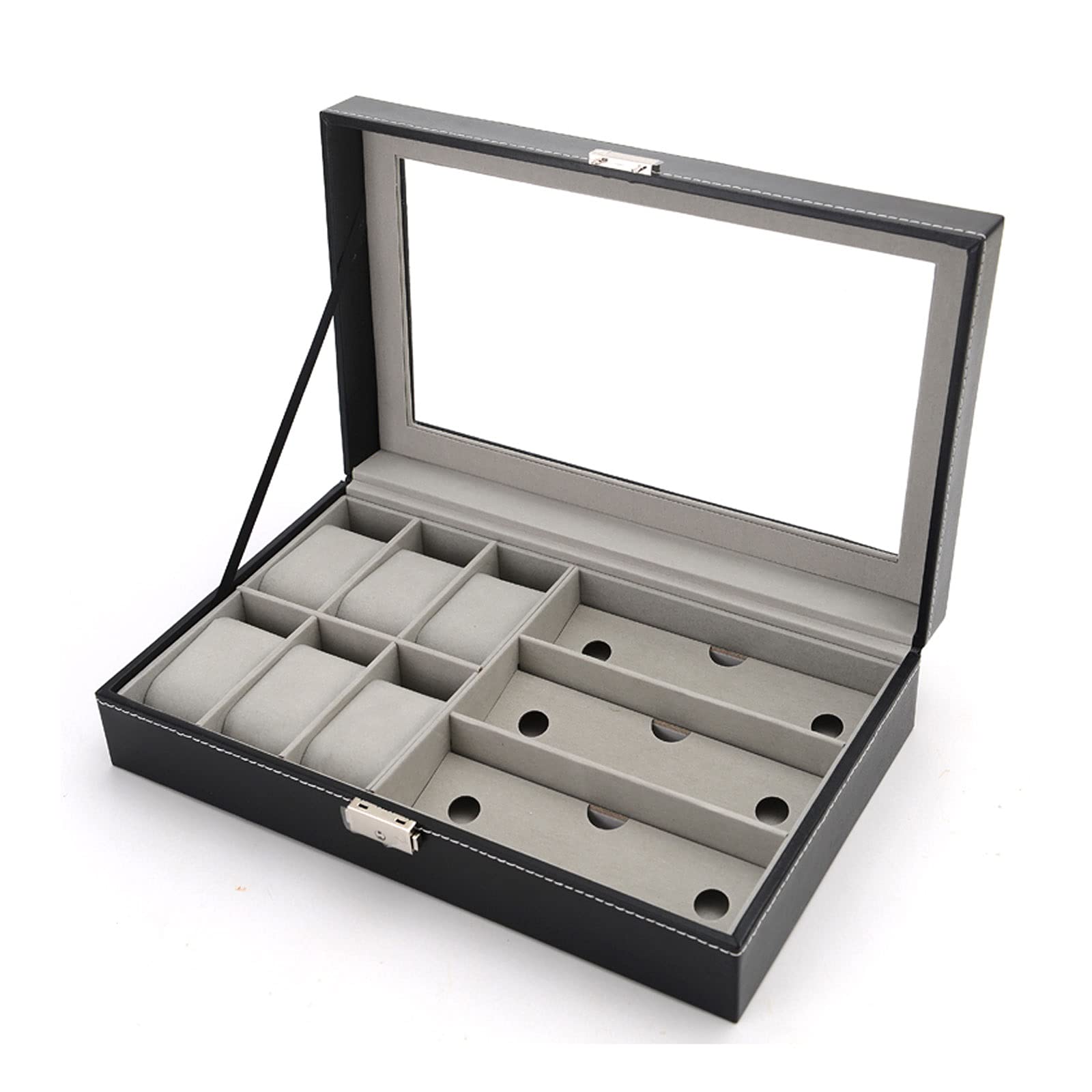 Brillenhalte Leder-Schmuckschatulle for 6 Uhren und 3-teilige Brillenaufbewahrung und Multi-Sonnenbrillen-Brillen-Vitrine for Damen und Herren Brillenständer (Color : Schwarz)