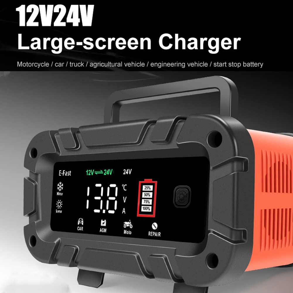 Jemora Caricabatterie per Auto 12V / 24V Dispositivo di Carica per la Riparazione di impulsi Intelligenti Manutentore di Mantenimento della Batteria automobilistica con Display Digitale LCD per