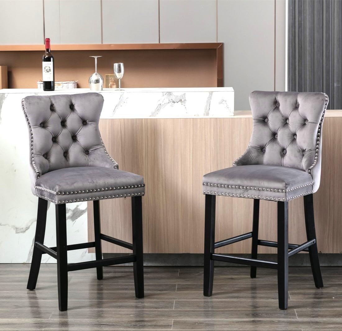 HomeTouch Luxury Velvet Bar Stools Set of 2 Kitchen Breakfast Barstools with Wooden Legs Bar Chairs for Counter (2, Grey)