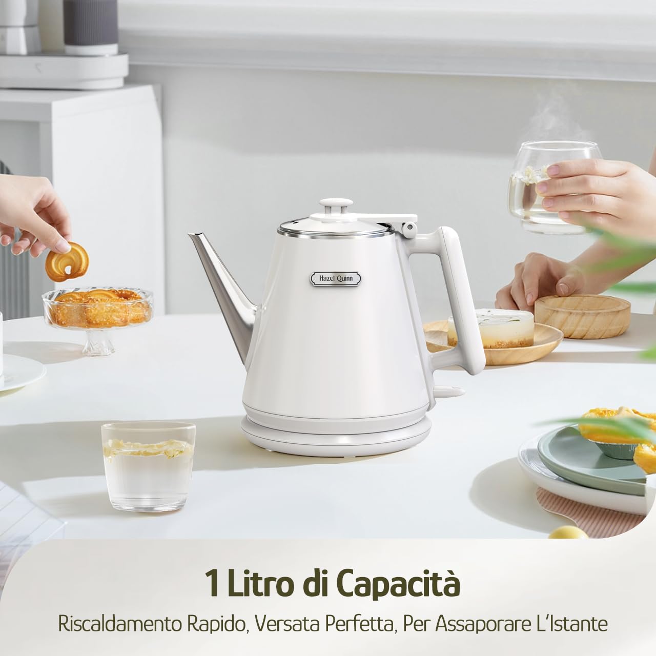 Hazel Quinn Mini Bollitore Elettrico 1 L, Inox, Doppia Parete, Bianco Perla | Bollitura Rapida 1360 W, Inox, Senza BPA, Doppia Parete Fredda al Tatto, Senza Fili, Autospegnimento, Beccuccio a Collo d'Oca