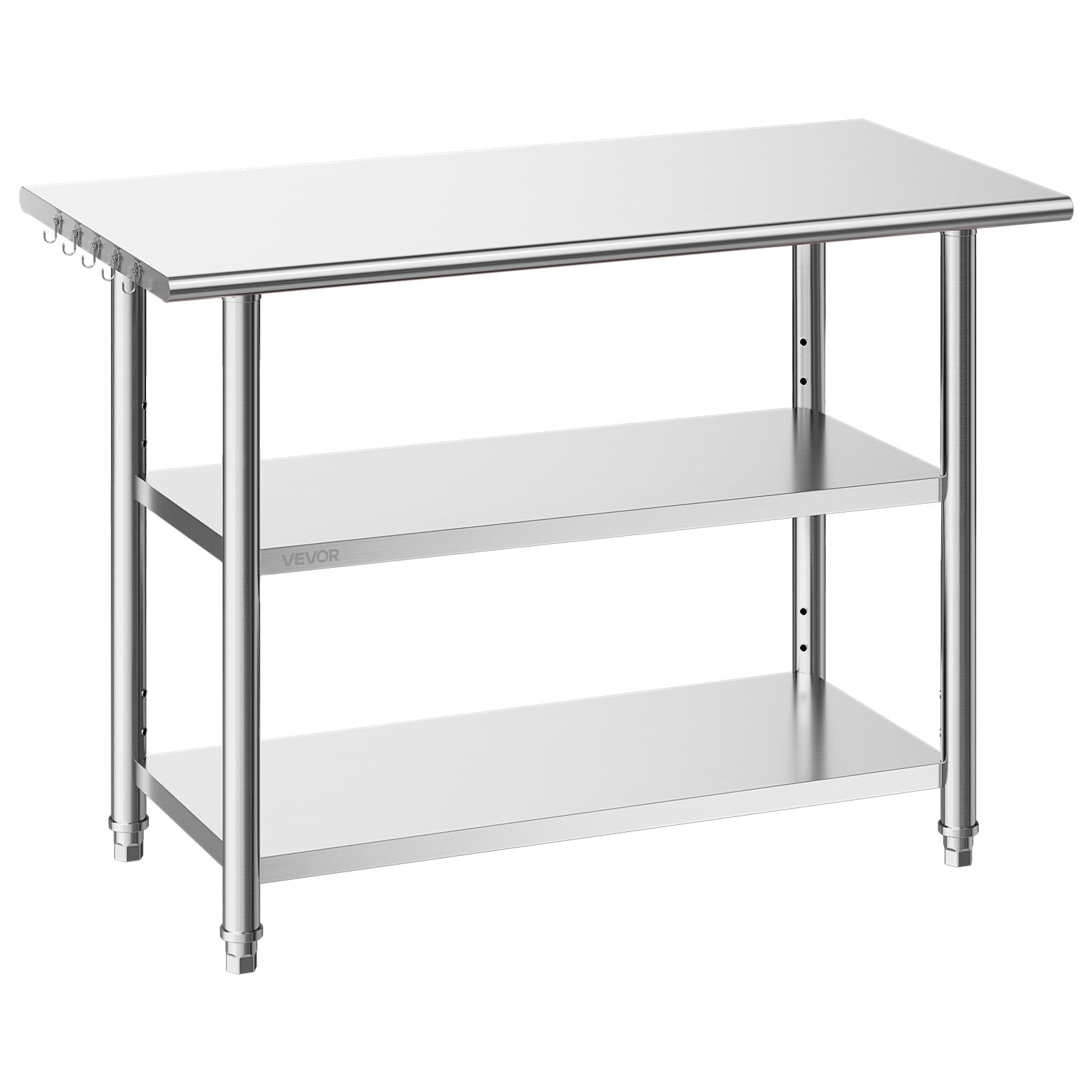 VEVOR Mesa de Preparación de 3 Niveles 121,9 x 61 x 86,4 cm, Mesa de Trabajo de Acero Inoxidable, con Estante Ajustable, Bordes Redondeados, para Restaurantes, Hoteles, Cocinas, Garajes, Exteriores