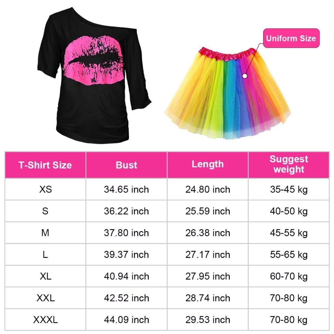 WILDPARTY 80s Fancy Dress For Women, Lip Print T-shirt, Tutu Skirt, Leg Warmers, Necklace, Fishnet Gloves, Earrings, Neon Costumes Accessories for Retro Theme Party Cosplay - Image 4