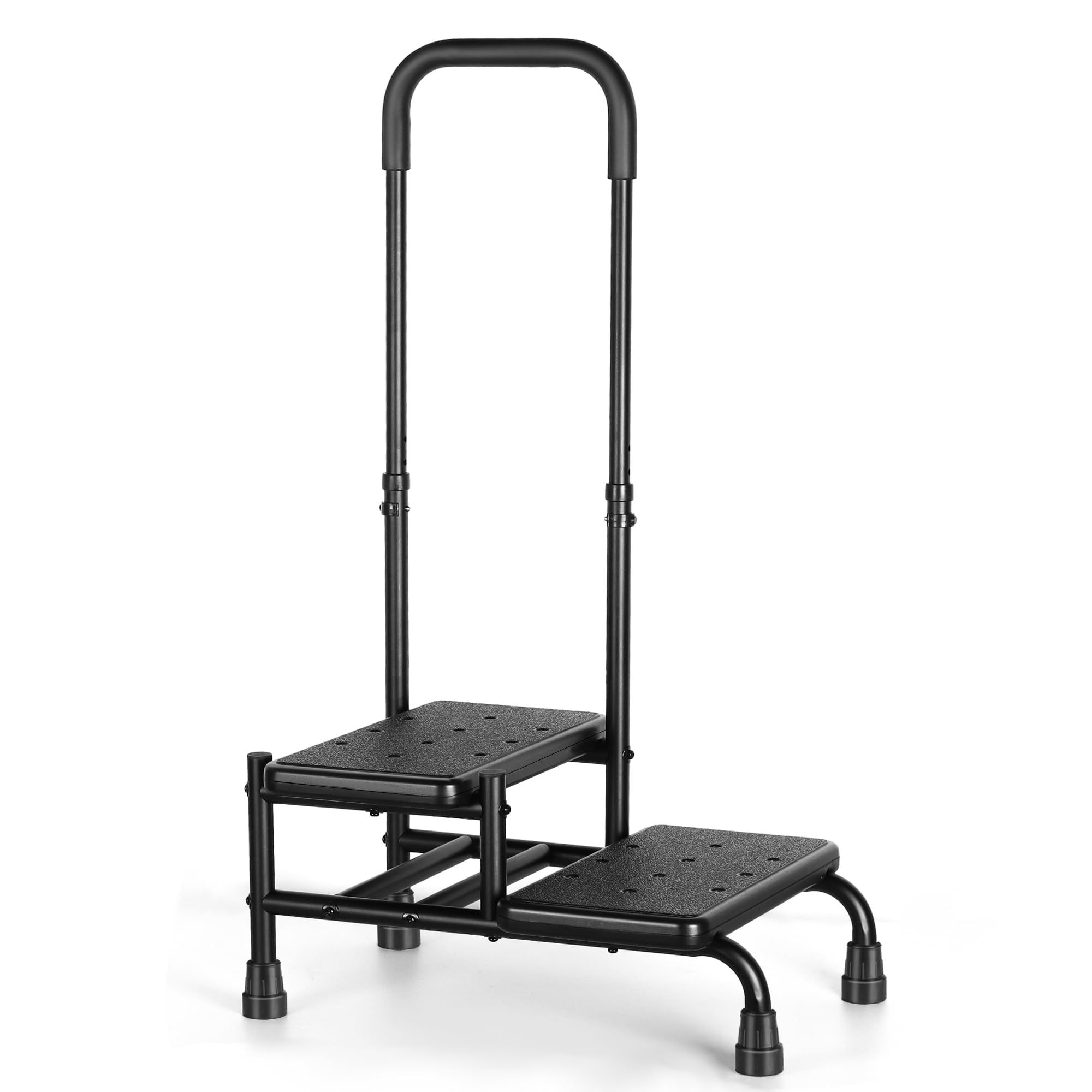 REAQER Taburete con asa para adultos, taburete médico de 2 escalones con pasamanos para adultos, personas mayores, discapacitados, soporta hasta 350 libras (negro)