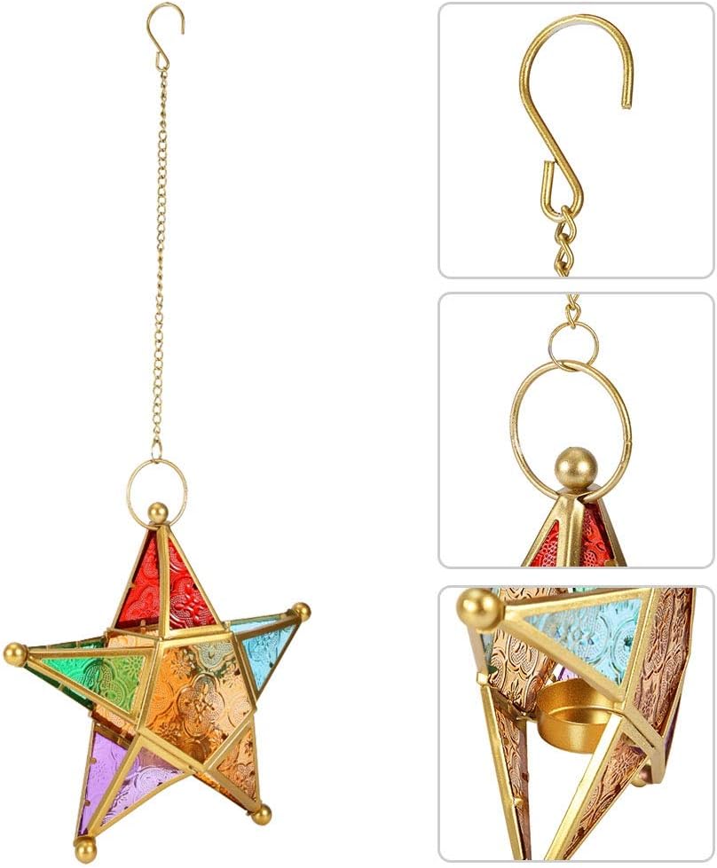 Hanging Star Candle Holder Star Lantern Hanging Ornaments Colorful Decoravtive Lantern Candle Holder Moroccan Lantern Ornaments for Home Patio Garden Window Tree(Gold)