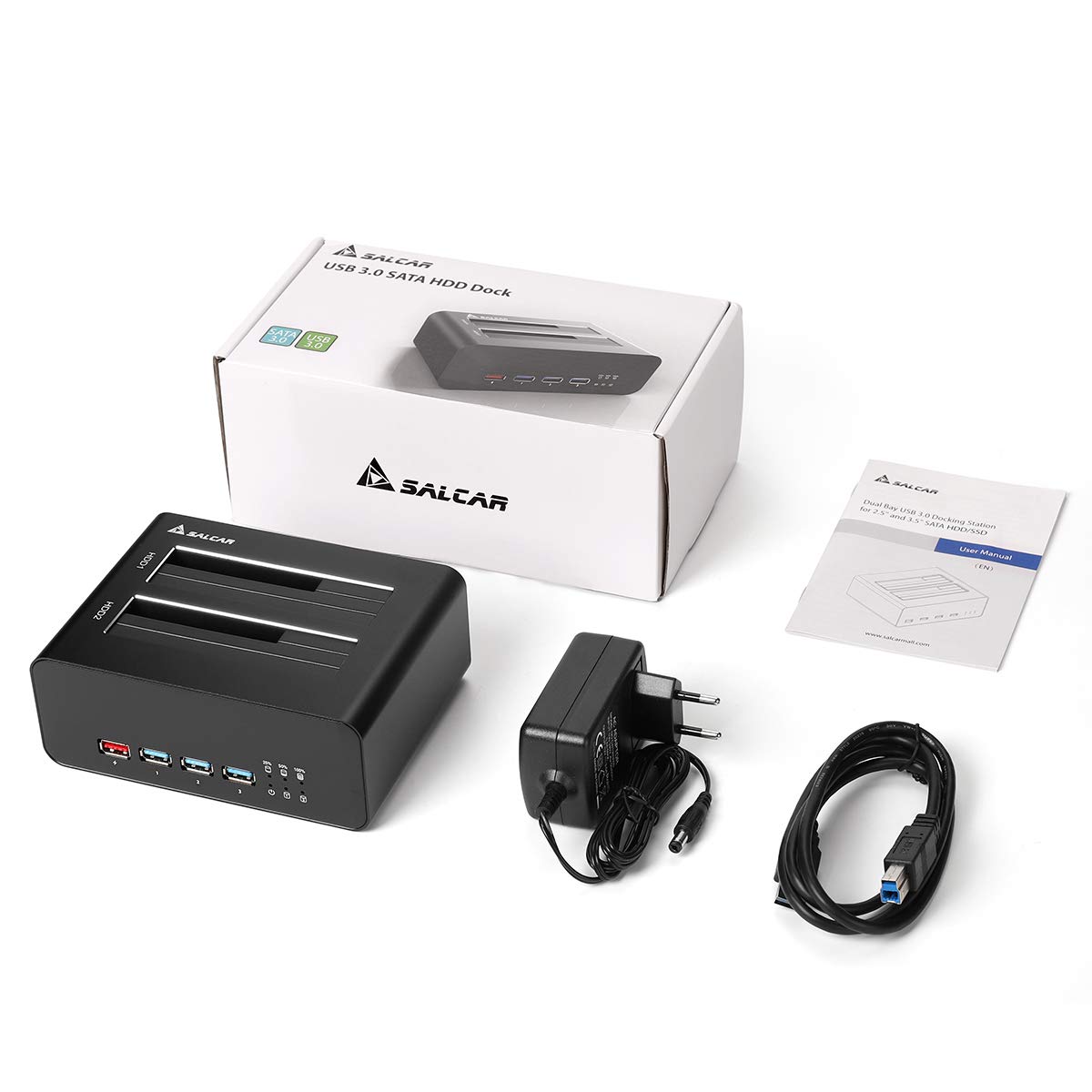 Salcar Aluminum HDD Dock USB SATA Dual Bay Super Speed USB 3.0 con hub USB 3.0 e porta di ricarica USB rapida per HDD e SSD SATA I / II / III da 2,5 pollici e 3,5 pollici