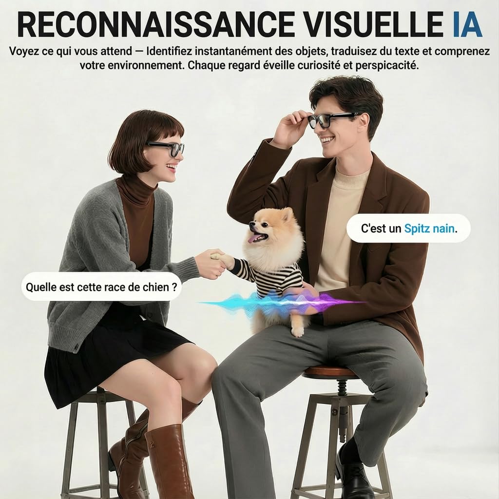 Lunettes Camera HD, 8MP 1080P Lunette Connectées IA, Processeur Double Cœur avec Assistant IA pour Traduction en Temps Réel, 410Mah Offrant 16 Heures d'Autonomie, Wi-FI Bluetooth Lunette Intelligente