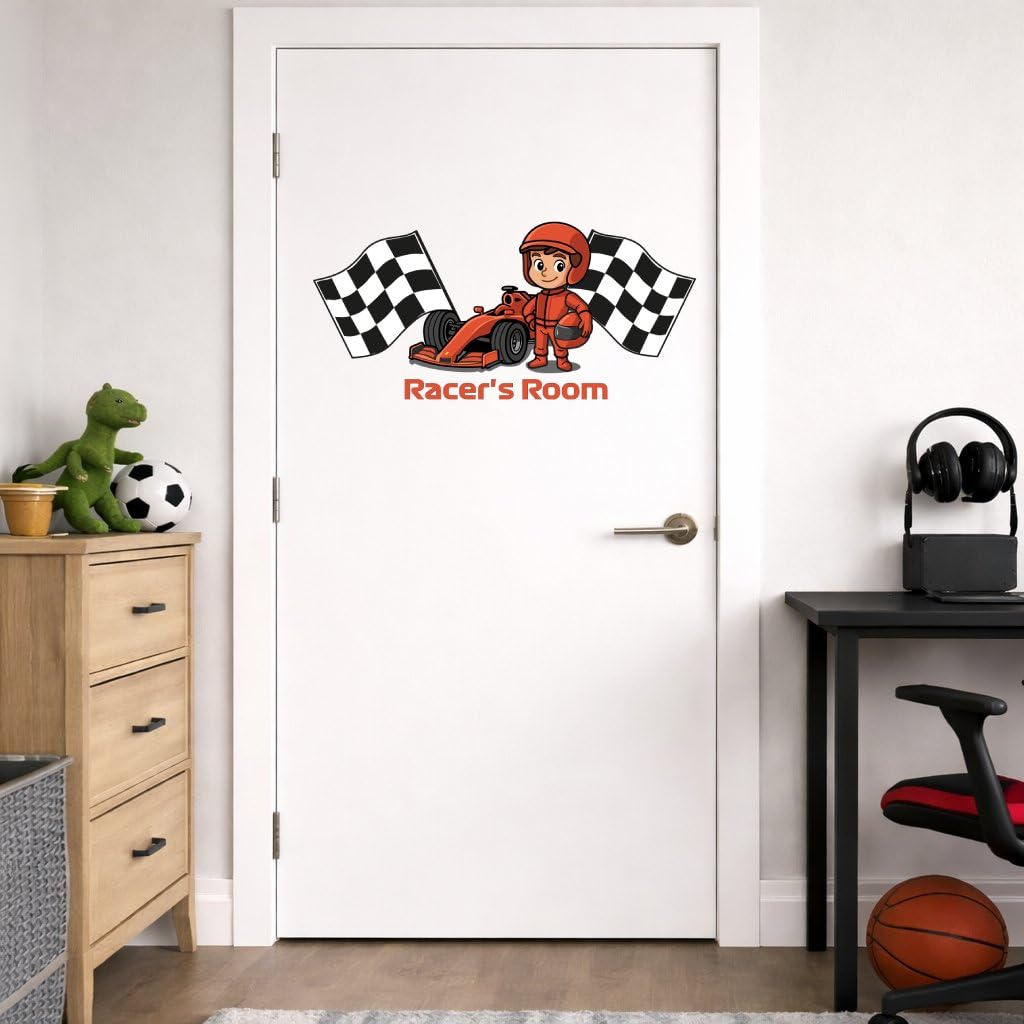 Naklejka ścienna do samochodu wyścigowego dla chłopców (50 cm x 25 cm) – dekoracja drzwi dla dzieci – sport motorowy pokój dziecięcy winylowa sztuka ścienna – samochód wyścigowy sypialnia dekoracja