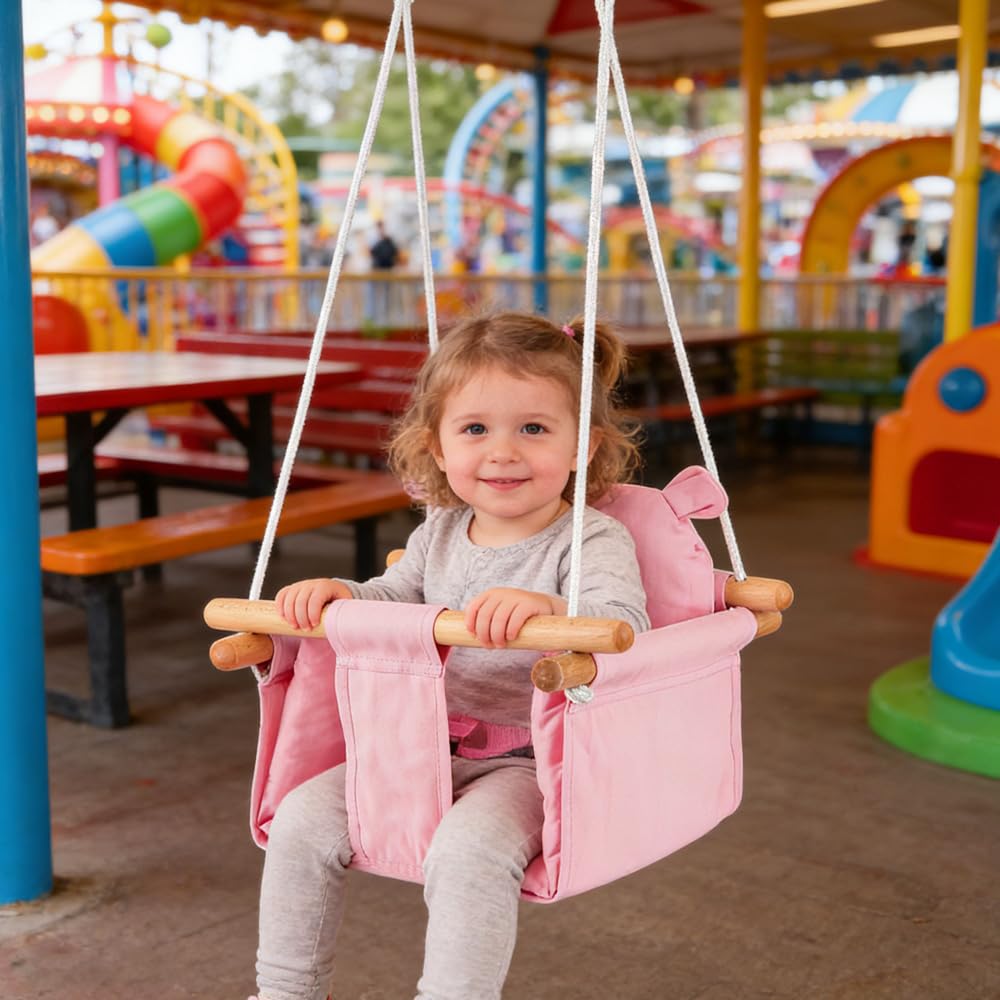 Altalena per bambini in tela con sacchetto per orso, 29 x 29 x 31 cm, altalena in legno ecologico traspirante con cintura di sicurezza, carico massimo 25 kg regolabile per interni ed esterni, rosa
