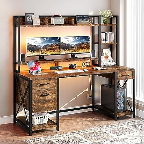 DWVO Computer Desk with Drawers & Hutch, 59.1" Office Desk with Power Outlets & LED Lights, Home Office Desk with Storage Shelves, Rustic Brown Cover