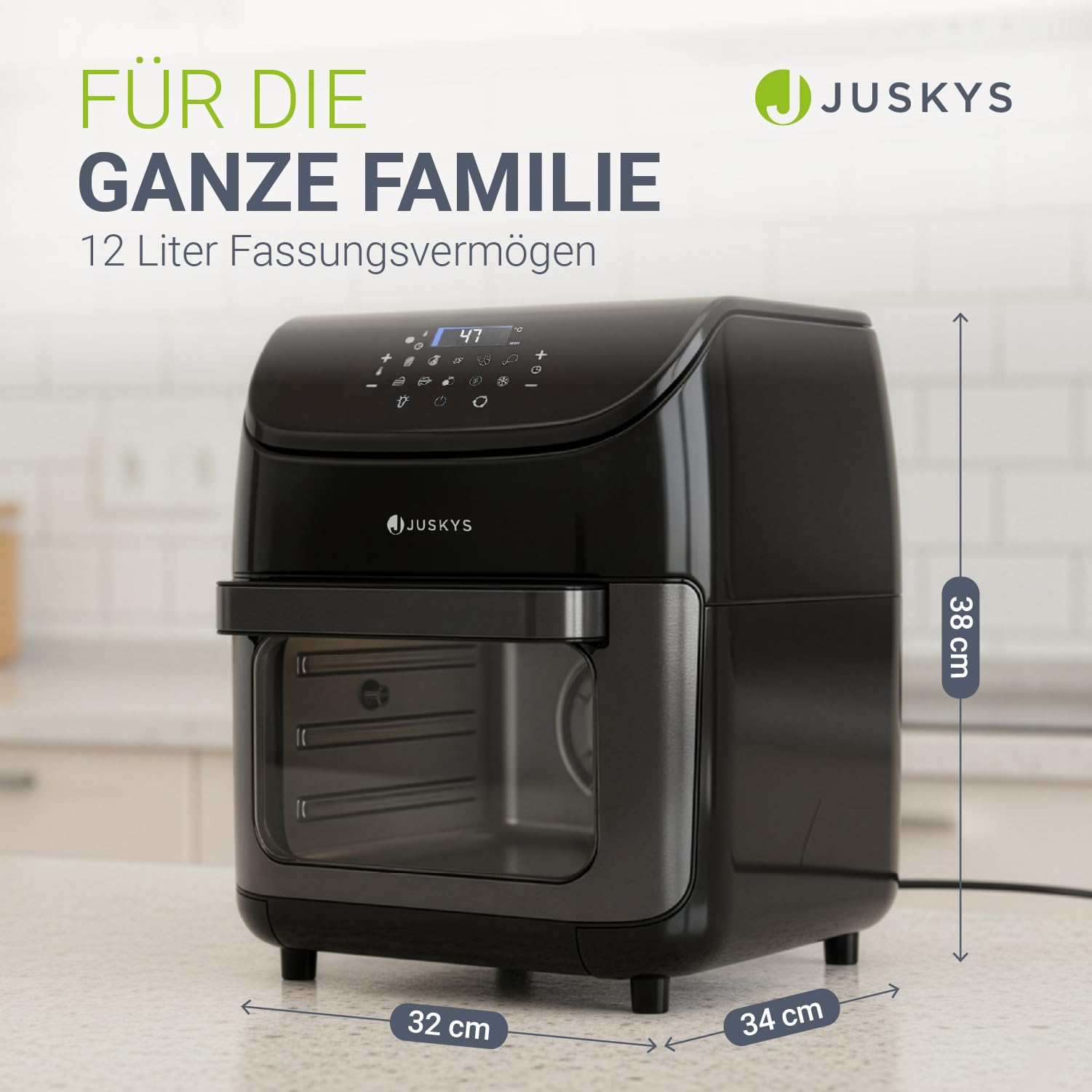 Juskys friggitrice ad aria 12L – nera, Airfryer con schermo LCD touch, 10 modalità, regolazione 25–200 °C & kit completo