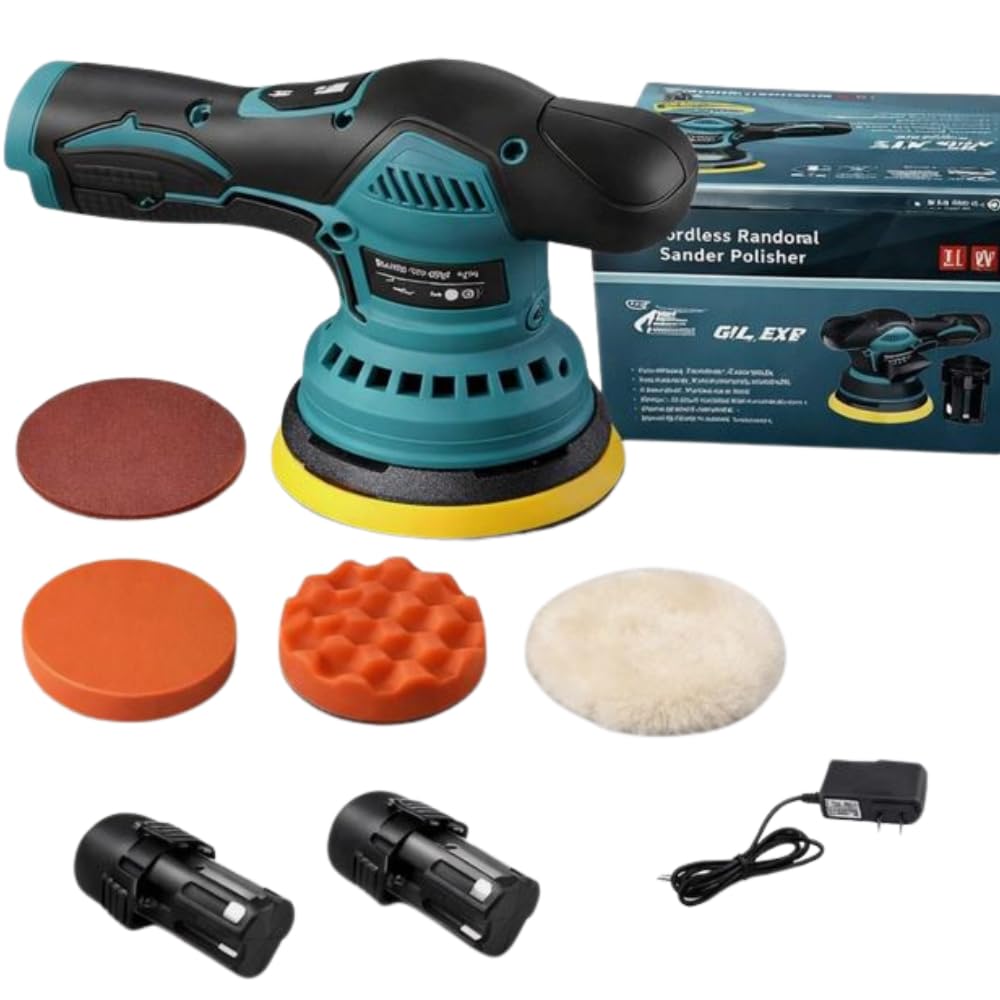Lucidatrice per Auto a Batteria 24V 380W – Lucidatrice Rotorbitale Professionale con 2 Batterie, 8 Velocità, Kit Completo con Tamponi per Lucidatura, Levigatura e Ceratura