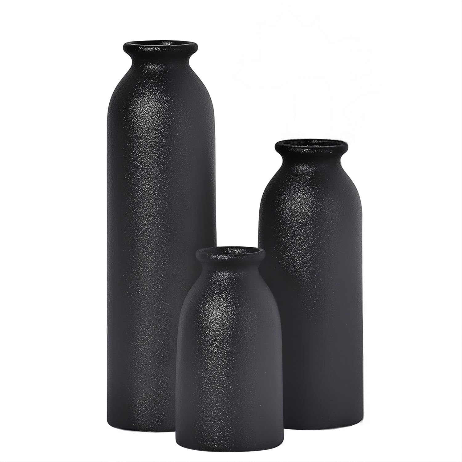 Modern Ceramic Vases Set, 3 Pieces, Decorative Flower Vases in Various Sizes (Black)