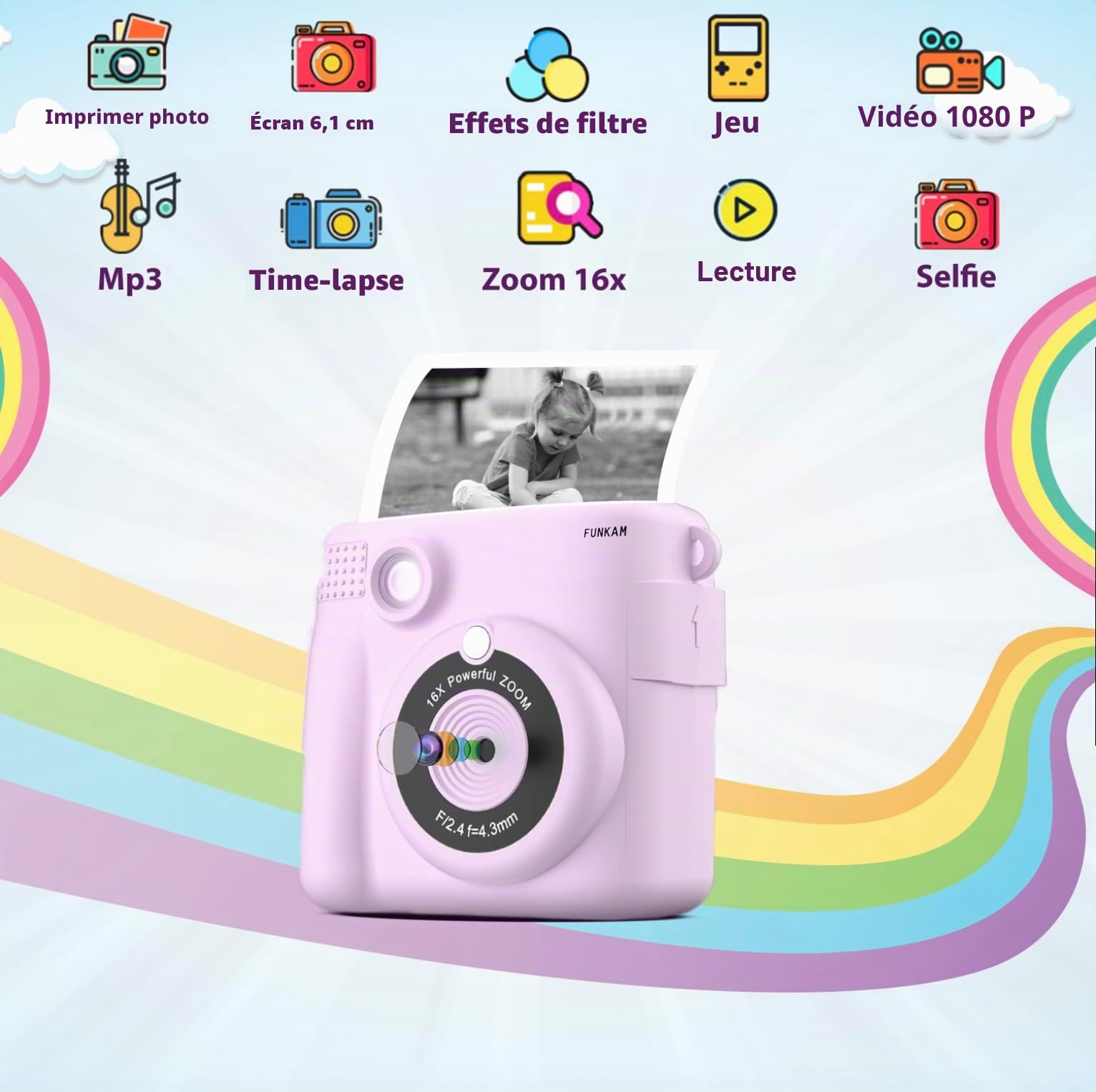 Appareil Photo Enfant Instantanée - 2,4" HD 1080P - avec Carte SD 32 GB, 5 Marqueurs, Autocollants, 5 Rouleaux de Papier, Pendentif. Appareil Photo Enfants et Filles de 3 à 14 Ans.