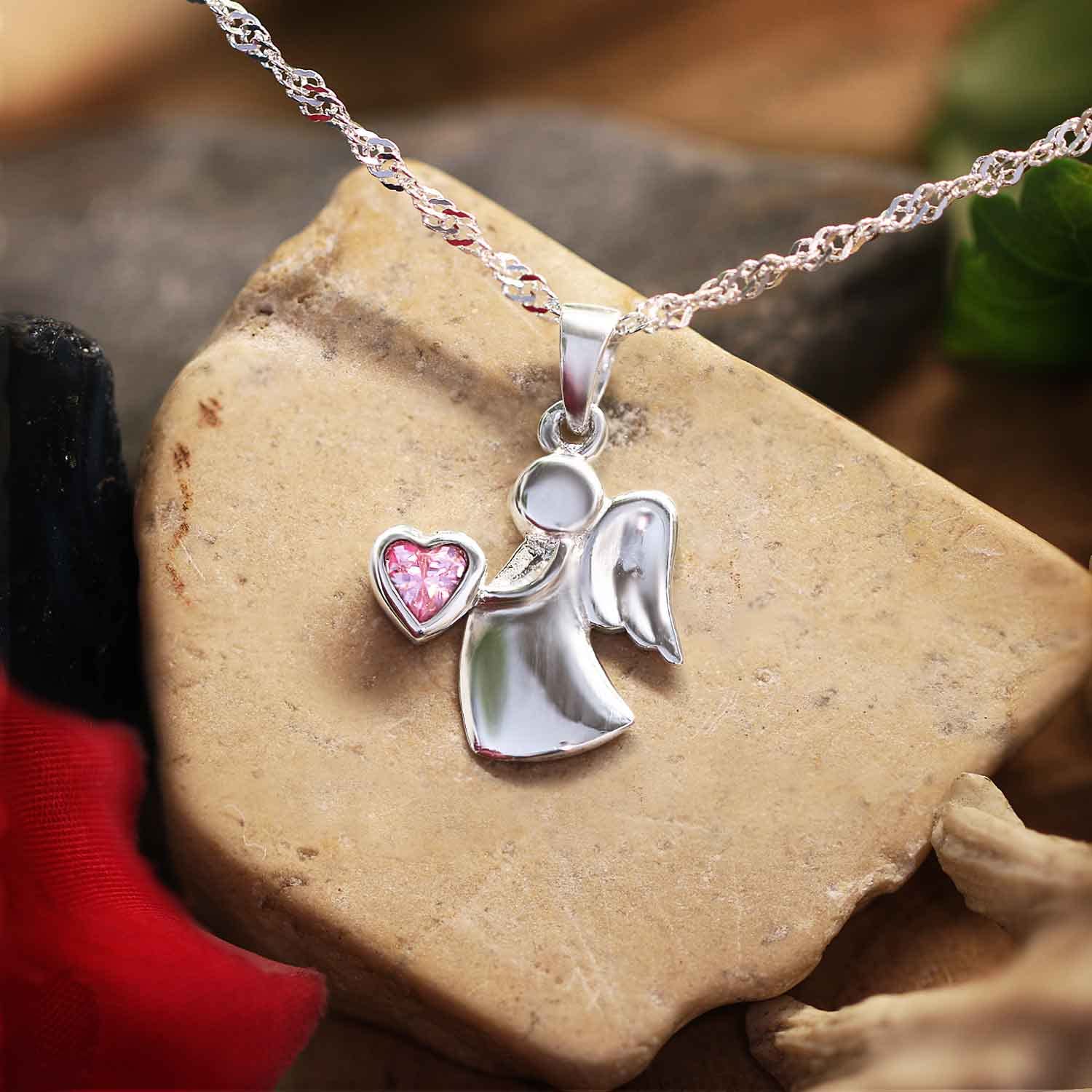 CLEVER SCHMUCK Schutzengel Kette Silber Engel für Mädchen 22 mm mit rosa Zirkonia Herz & Singapurkette 40 cm STERLING 925 im Etui rosa
