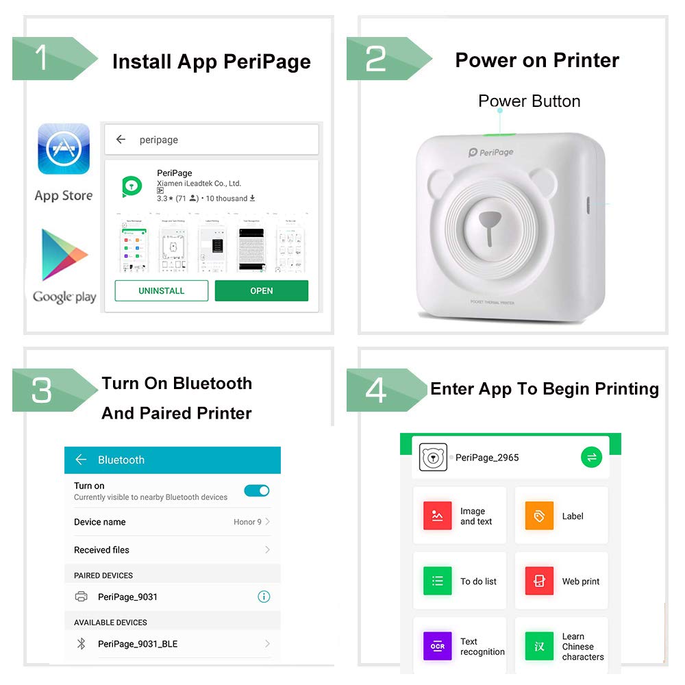 Impresora fotográfica Bluetooth portátil + Estuche protector + 1 rollo de papel sin tinta de bolsillo Peripage de impresión térmica (Blanco)