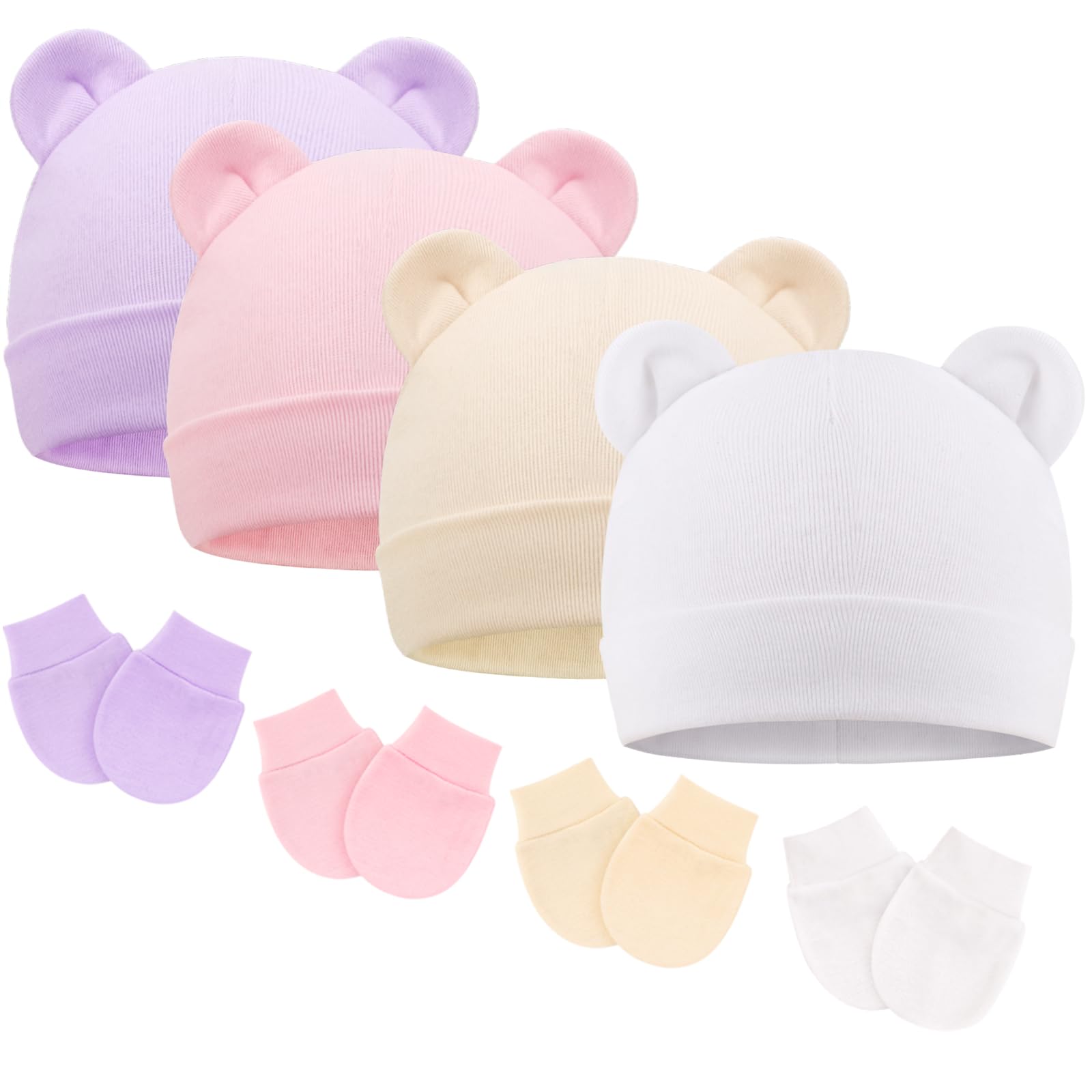 DRESHOW Newborn Baby Hats Mittens Set Hospital Hat Beanie Bear Ears Infant Caps Baby No Scratch Mittens for 0-6 Months