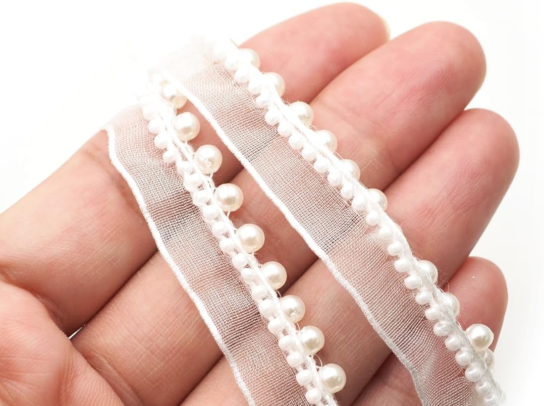 CRAFTMEMORE Pearl Bead Tassel Fringe Lace White Edge Trim Ribbon, Embroidered Applique for Sewing, Craft, Wedding, Bridal Dress TG02257 (50 Yards)