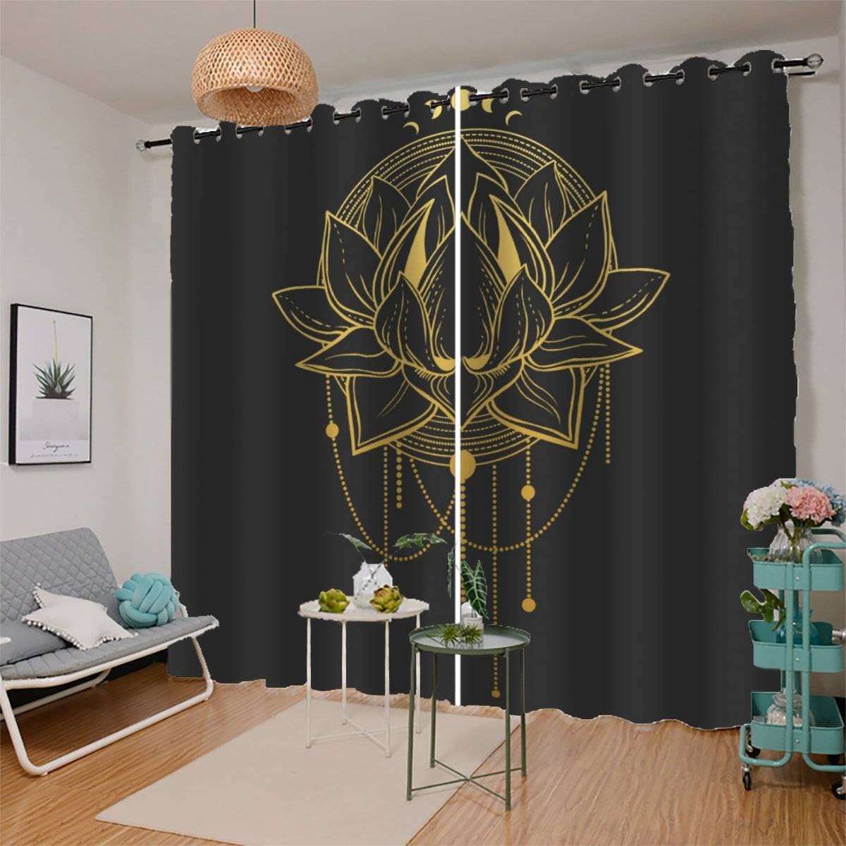 3D Goldener Lotus Vorhänge mit ösen B 150 X H 166 cm Mikrofaser Gold Gardinen Blickdicht Verdunkelungs Scheibengardinen 2 Stücke für Wohnzimmer Schlafzimmer Kinderzimmer Küche