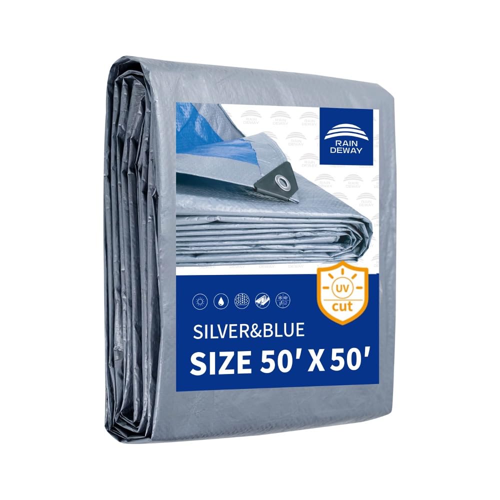 Tarps 50x50 Feet, 5.5 Mil - Multipurpose Waterproof Poly Tarp Cover with Metal Grommets and Reinforced Edges, Silver/Blue Tarp