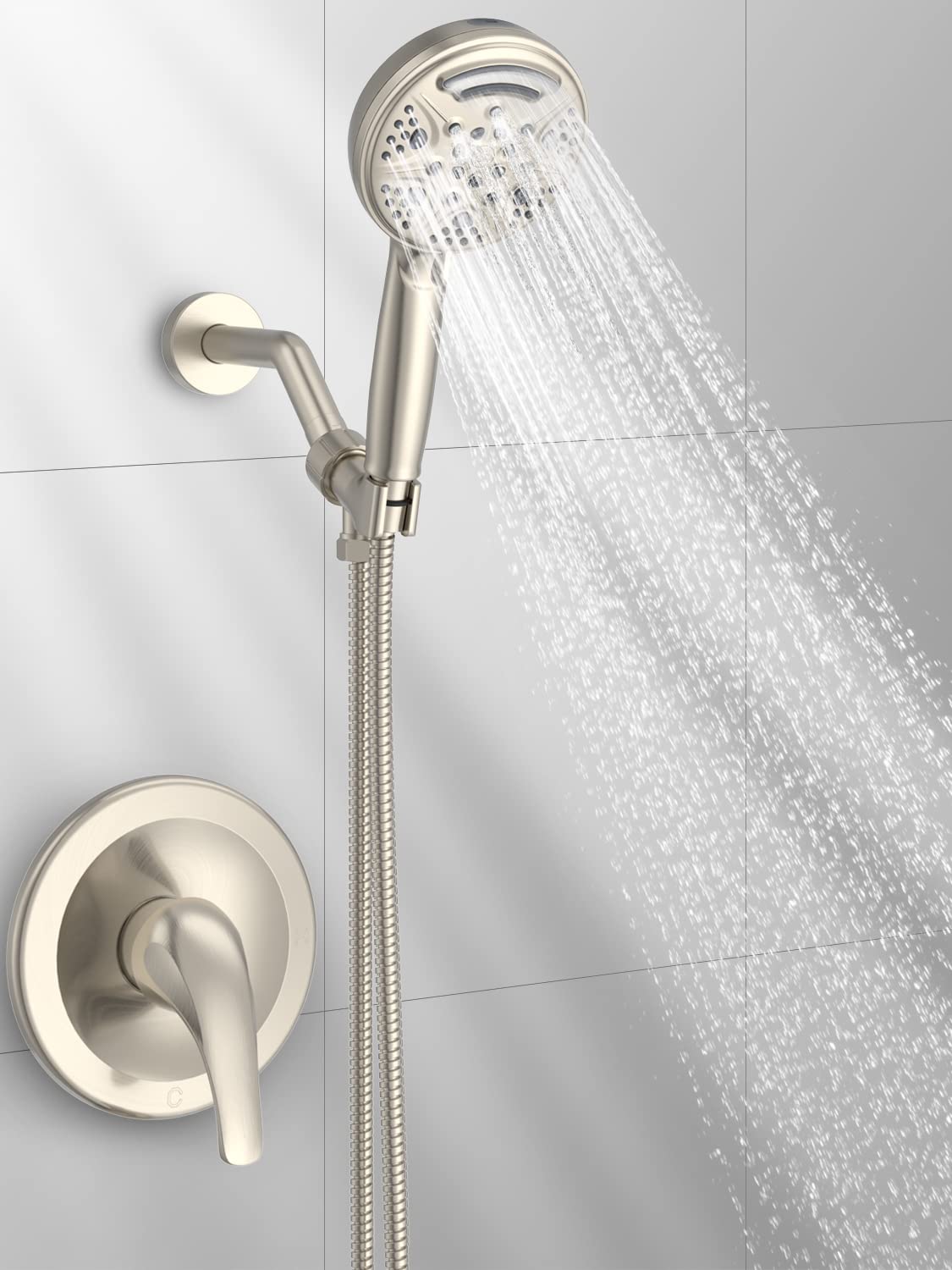 SR SUN RISESingle-Handle Shower Faucet Set, Built-in Power Wash to Clean Tub, Tile & Pets, Shower Trim Kit with 9-Spray Shower Head - Anti-clog Nozzles, Brushed Nickel(Valve Included)
