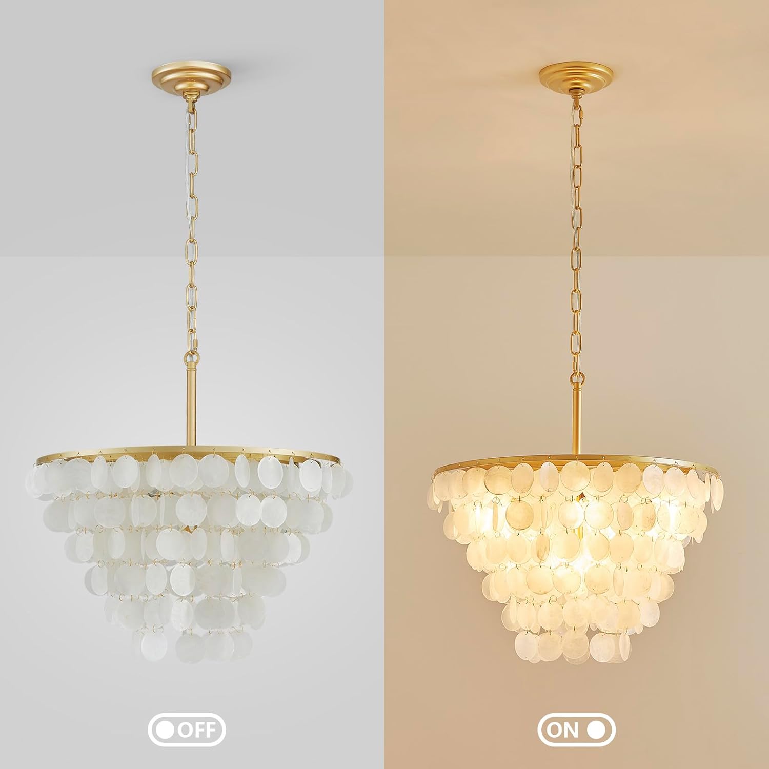 6-Light Capiz Shell Chandelier, Coastal Design Light Fixture, Pendant Light for Kitchen Island, Dining Room, Bedroom, Gold Finish, E12 Socket, D19.7 * H45.3 inches (Height Adjustable)