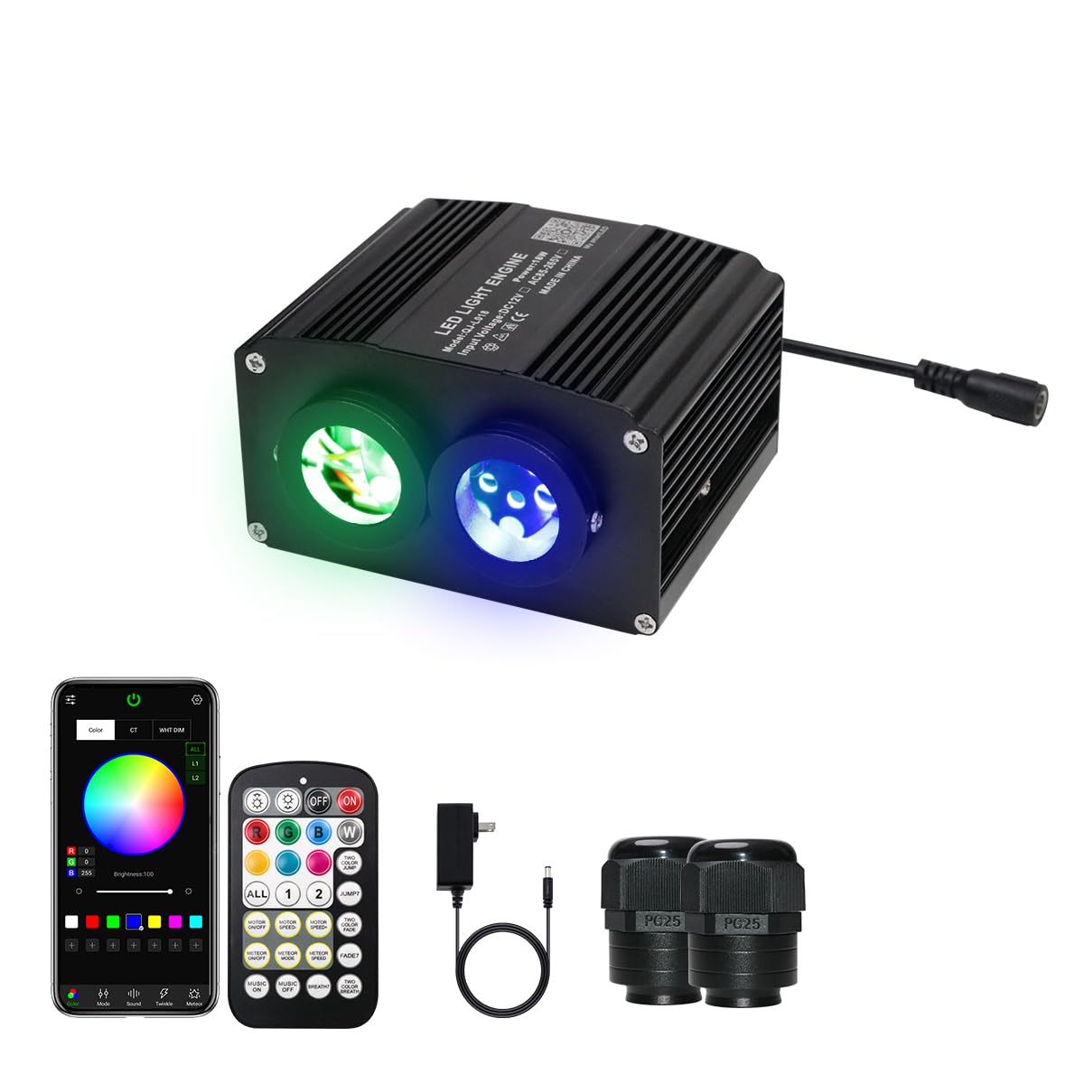 AZIMOM Dual Color 18W Twinkle Fiber Optic Starlight Box with Pure White Meteor, 2 in 1 Starlight Meteor Engine Sound Activated APP/Remote RGBW Light Source Driver for Car Home Star Lighting Decor