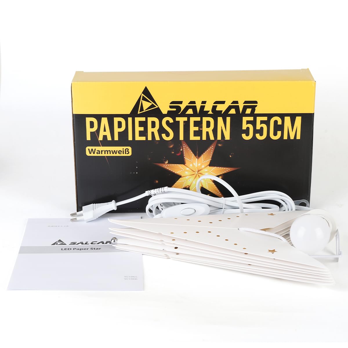 SALCAR Papierowa Gwiazda LED 55 cm Do Zawieszenia, Adwentowa Świecąca Lampa Okienna E14, Ciepła Biel, Bożonarodzeniowa Dekoracja 3D, Biała