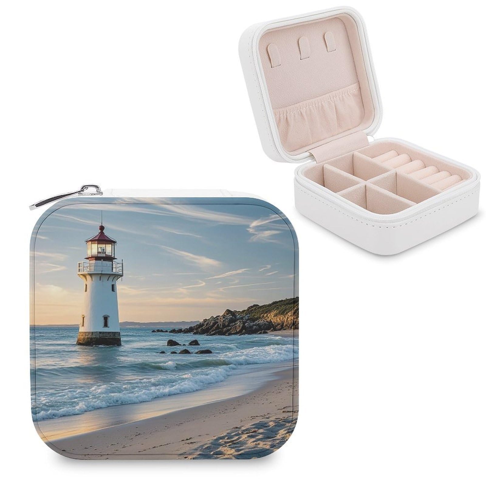LZQPOEAS Beach Lighthouse Jewelry Box Mini Jewelry Travel Case Trendy Stuff Ring Box Custom PU Leather Jewelry Boxes Portable Jewelry Case Earring Storage Organizer for Girls Women