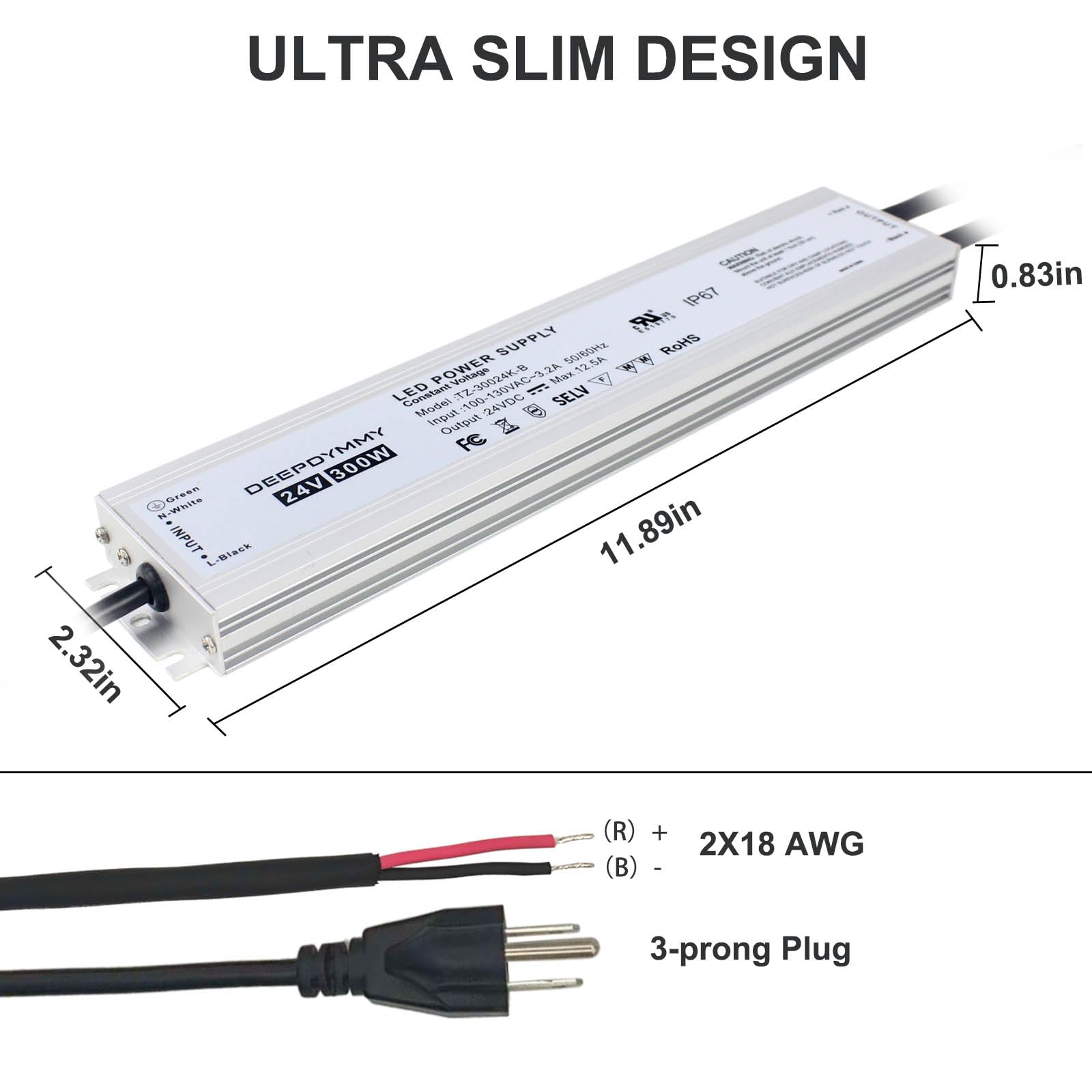 Alimentatore 24 V DC 300 W - Trasformatore ultra sottile a bassa tensione con spina a 3 poli e cavo da 1 m, impermeabile IP67 per strisce LED, illuminazione esterna