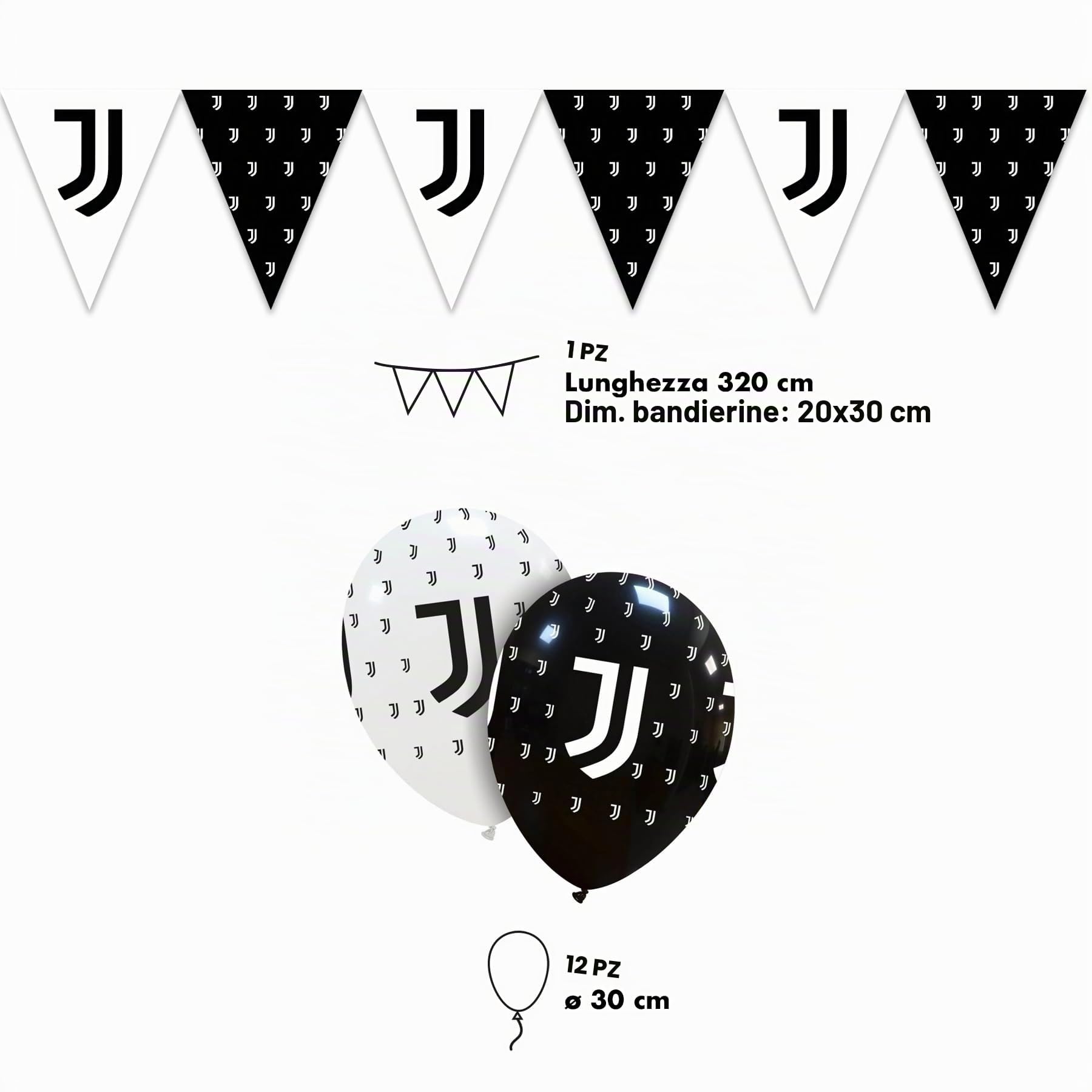 Lage Kit per Festa di Compleanno a Tema Juventus - Set per Decorazioni Calcio Bianconero da tavola Addobbi per 16 Persone (1 Tovaglia - 12 Palloncini - 16 Piatti - 20 Tovaglioli - 12 Bandierine)