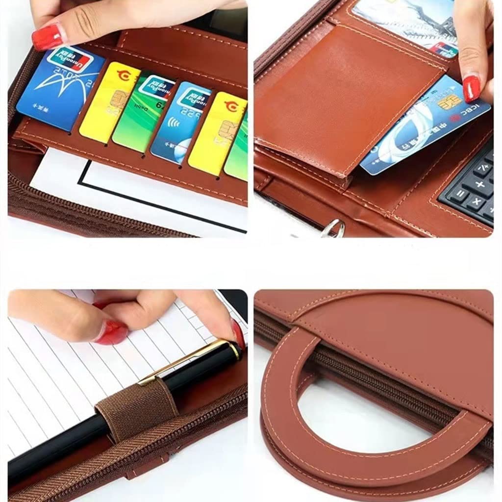 Konferencje biznesowe skórzane foldery skórzane Organizer 4 segregatory zapinane na zamek, do przechowywania dokumentów, dokumentów podróżnych, teczki prezentacyjnej z kieszeniami(Grey,8digit calculat