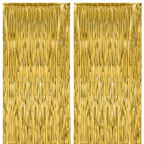 Voircoloria 2 Pack Gold Foil Fringe Backdrop Curtains Tinsel Streamers Birthday Party Decorations Fringe Backdrop for Graduation Baby Shower Gender Reveal Disco Party