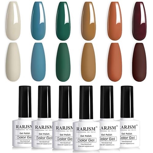 RARJSM Juego de 6 esmaltes de uñas de gel, color beige, azul lago, verde oscuro, marrón, caramelo, chocolate, marrón, otoño e invierno, colección de