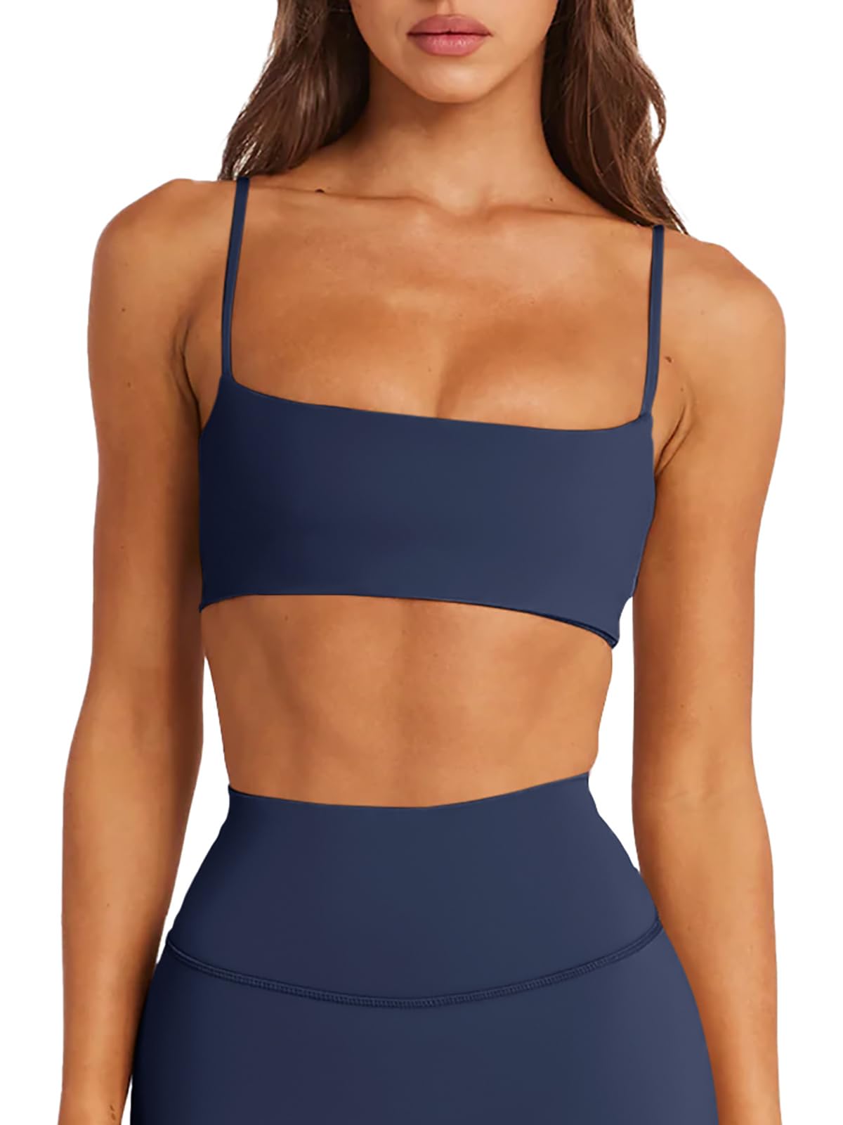 LASLULU Womens Adjustable Spaghetti Straps Sports Bra Square Neck Wireless Padded Workout Yoga Crop Tops