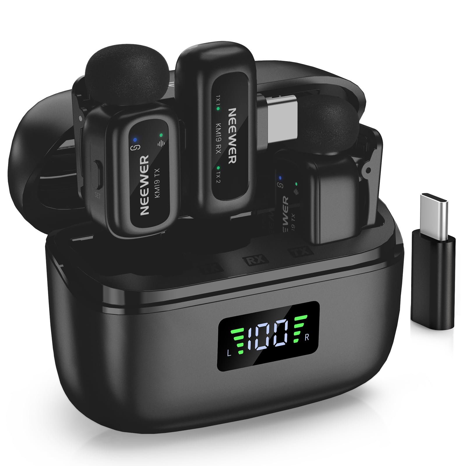 NEEWER KM19 Microfono Wireless a Bavero Leggero, 48kHz/24bit Batteria 30 Ore Anti Rumore 3 Livelli Muto Stereo Portata 100m, Mini Mic Lav con Controllo App, compatibile con iPhone Android Telefono PC