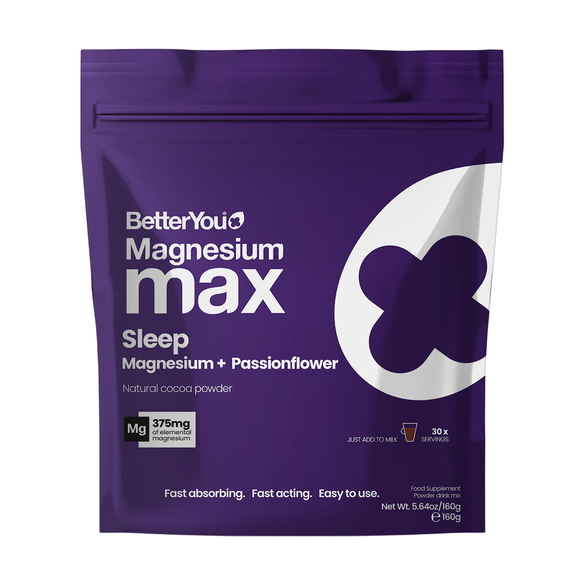 BetterYou Magnesium Glycinate, Citrate and Malate Sleep Powder Supplement, 1941mg 3-in-1 Complex Magnesium Delivering optimally bioavailable 375mg Elemental 200mg Passionflower, Hot Chocolate Powder