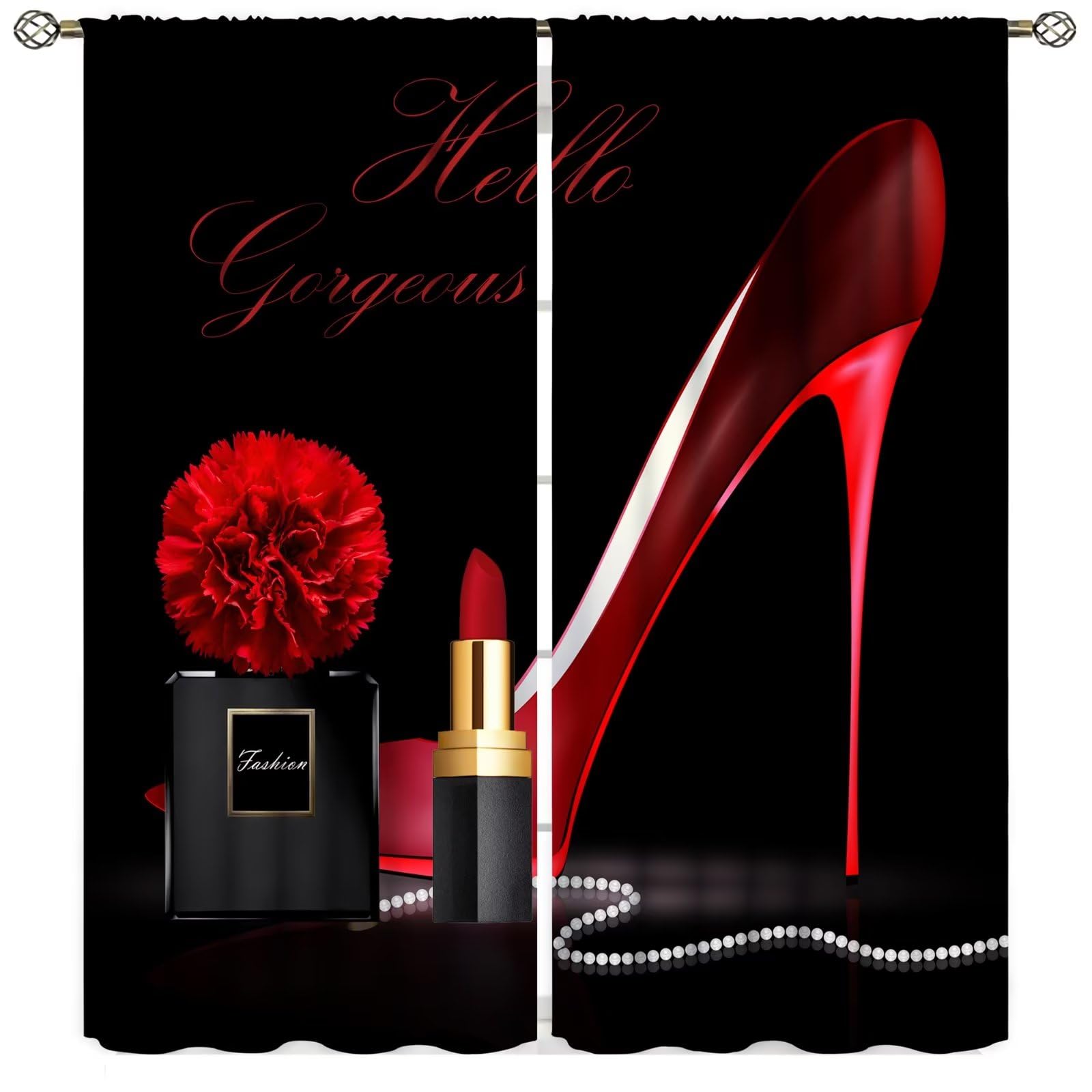 Red High Heel Bathroom Curtains,Gorgeous Black Perfume Rose Flower Lipstick Fashion Makeup Romantic Women Girls Bedroom Living Room Home Decor