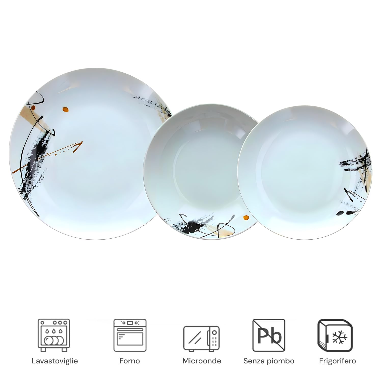 Avilia Servizio di Piatti 18 Pezzi in Porcellana Bianca con Decoro Grafico Nero - Set Composto da Piatti Fondi, Piani, e da Dessert - Eleganti e Moderni Ottimi per Ogni Occasione - Facili da Lavare