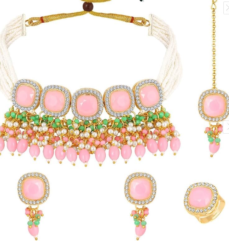 Gorgeous Gold-Plated Necklace and Maang Tikka Set, Radiant Pink, White, and Green Stones, Delicate Beaded Accents, Wedding Events Jewellery Set Women’s Accessories