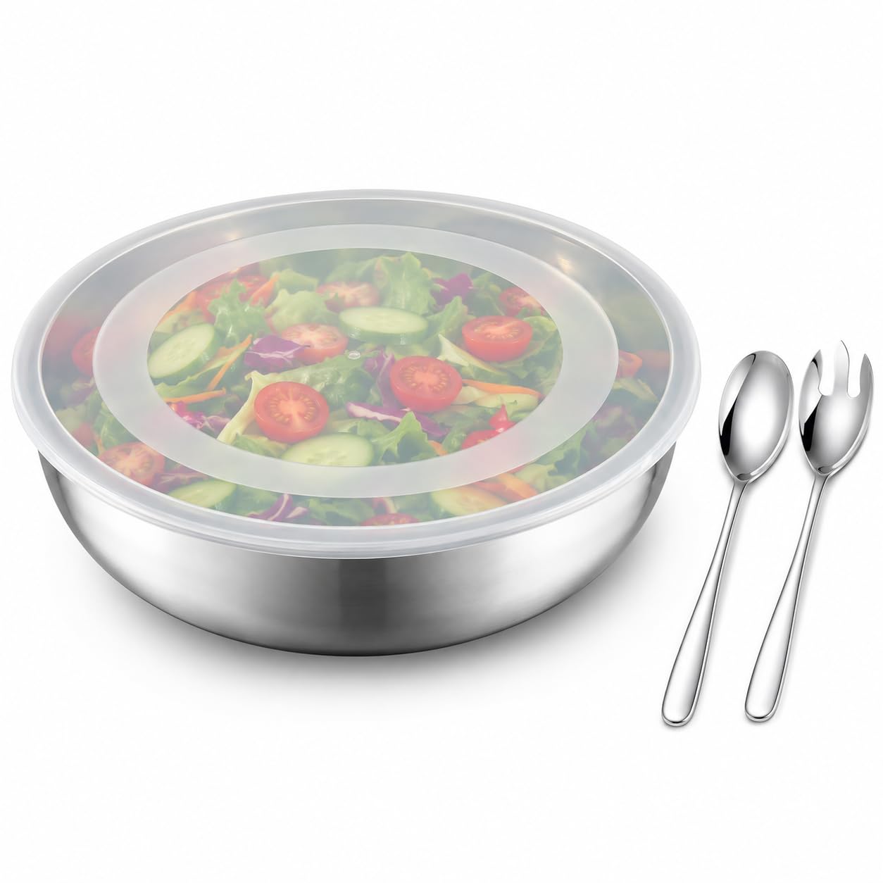 Ensaladera de acero inoxidable con tapa y cubiertos para ensalada, 32 cm, cuenco grande con cubierta transparente, juego de cuencos para servir con cuchara de ensalada y tenedor de ensalada