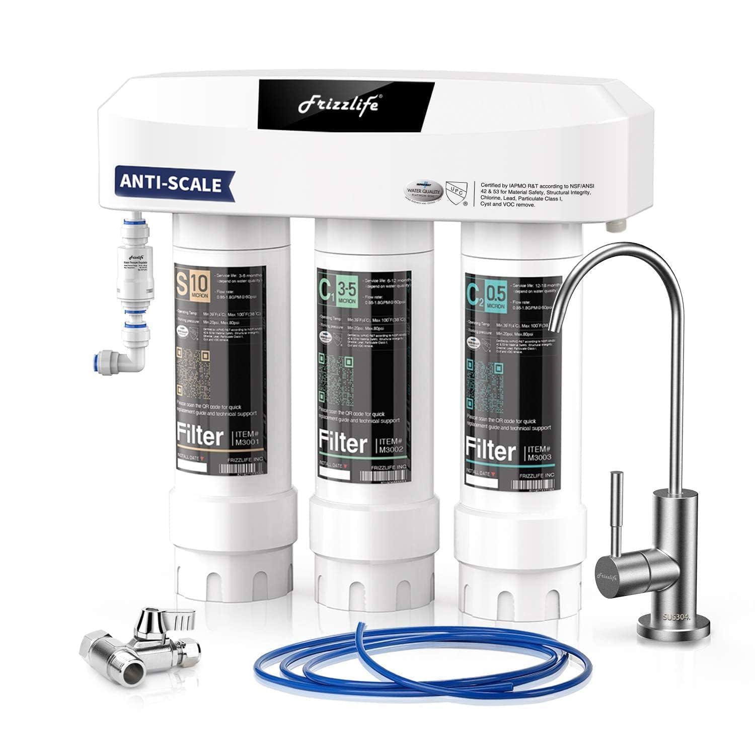 Frizzlife SP99-NEW, sistema di filtrazione dell'acqua sottolavello con rubinetto in nichel spazzolato, certificato 0,5 micron a 3 stadi, rimuove il 99,99% di piombo, cloro, cloramina, fluoro, Scale