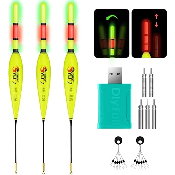 QualyQualy Set of 3 LED Fishing Floats with Bite Alarm Fishing Floats Set with Gravity Sensing and Base Light Float Fishing Floats Trout Floats Fishing Accessories with 3 Pieces Rubber Stoppers