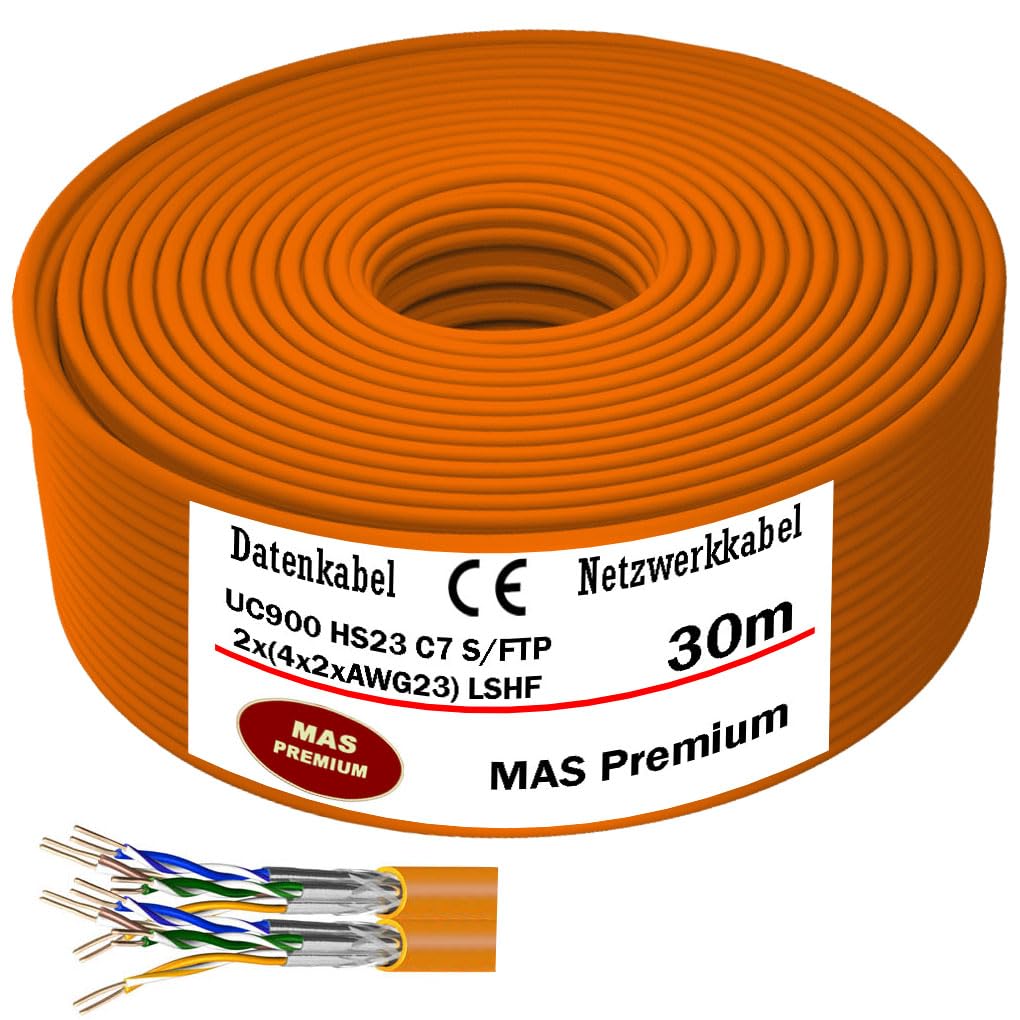 MAS Premium Cavo dati CAT7 da 10 m a 100 m, cavo di rete duplex AWG23 8P UC900 SS23 1000 MHz senza alogeni, cavo di comunicazione (30 m)