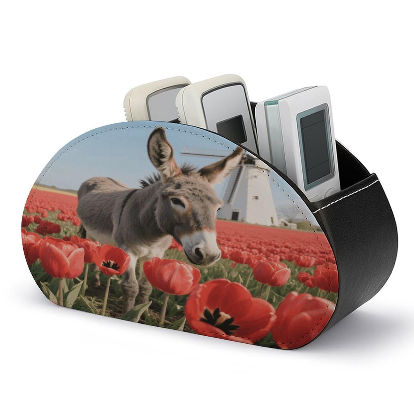 VstaDank Donkey And Flowers Remote Control Holder PU Leather Multi-Functional Office Organizar Box Makeup Brush Holder Desk Storage with 5 Compartment TV Remote Media Player Box